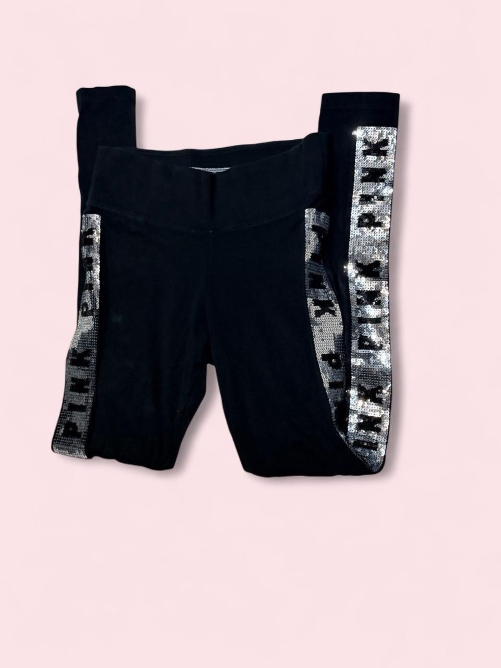 PINK Victoria's Secret Black Leggings with Silver Sequin Side Stripe
